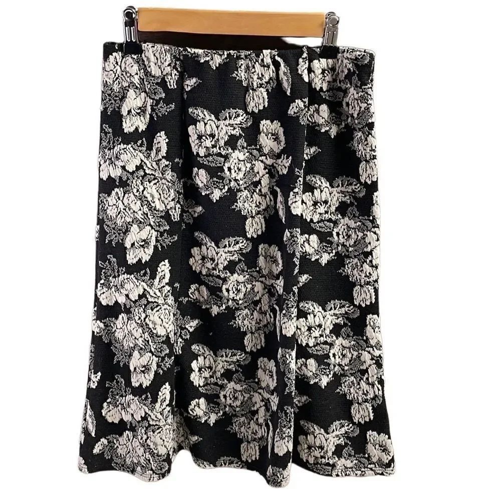 Joe B Womens Black Cream Floral Knee Length Elastic Waist A-Line Skirt Size M